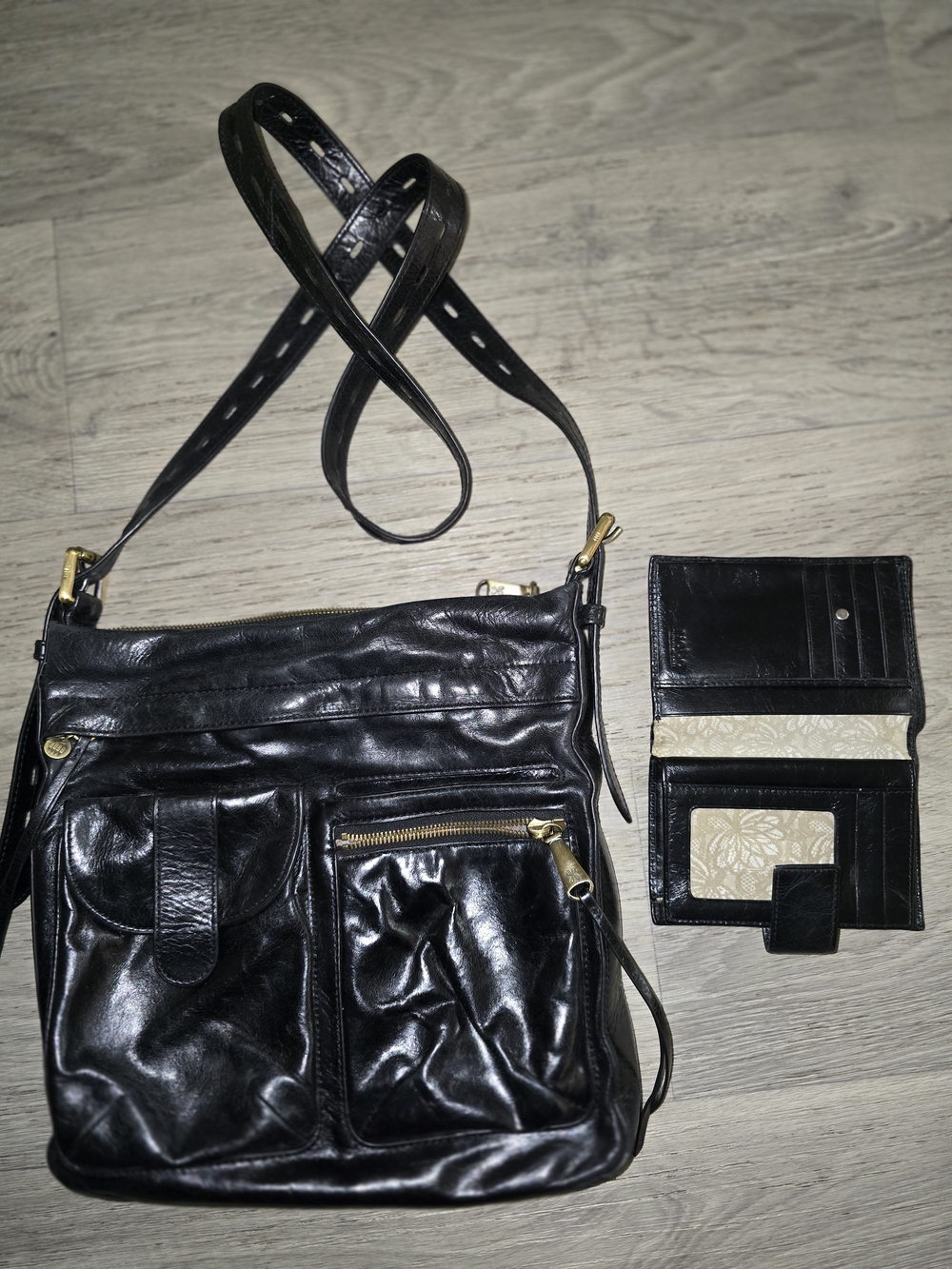 HOBO Black Leather Crossbody Bag with Matching Wallet